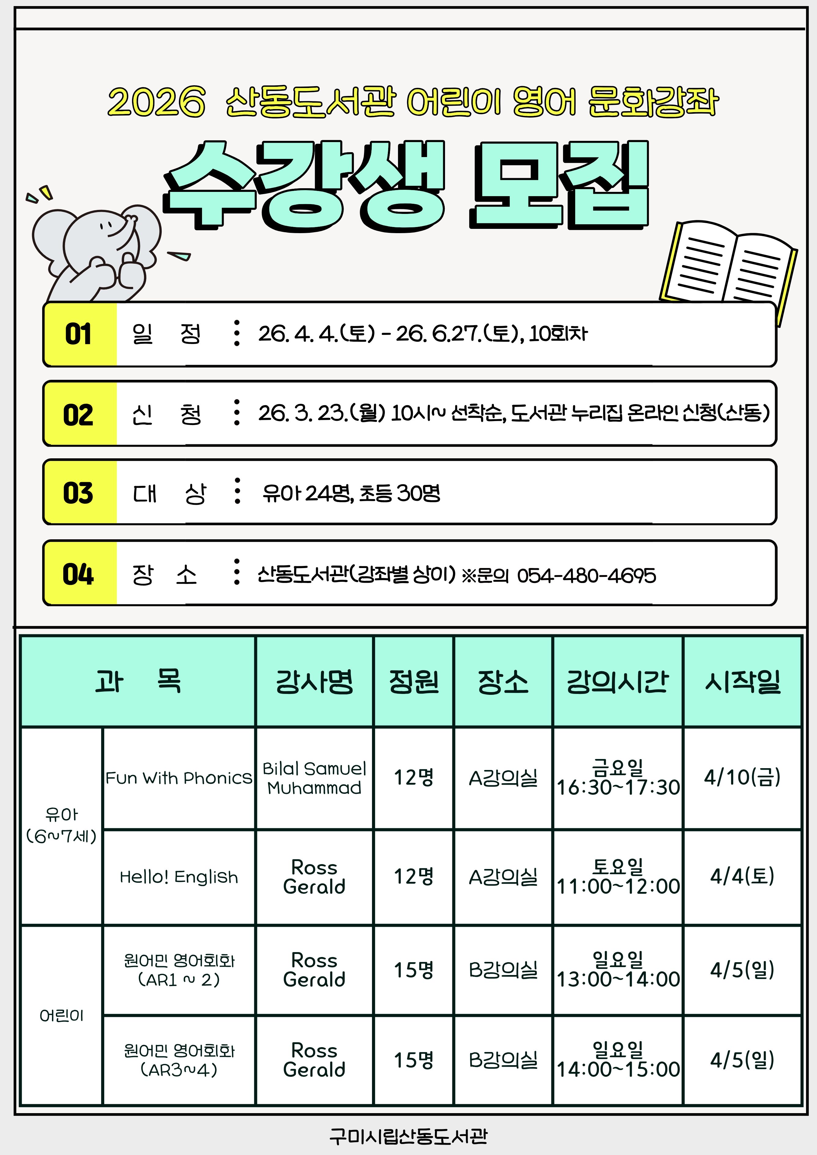 2026년 산동도서관 상반기 어린이 영어 문화강좌 수강생 모집 첨부 이미지